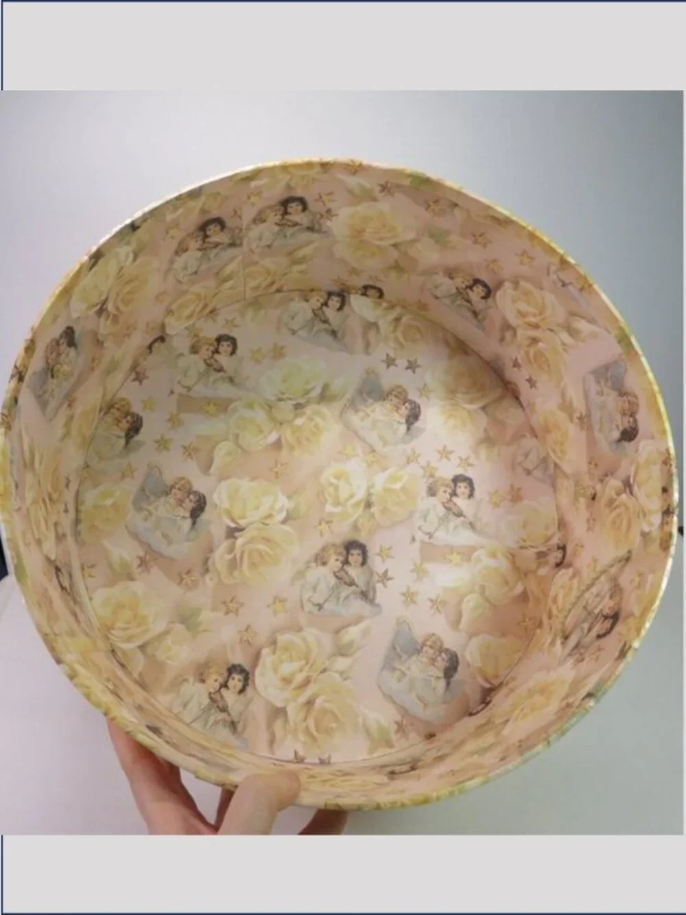 Vintage Cherub Angel Large Round Hat Box Floral Wired Bow Yellow Roses Stars